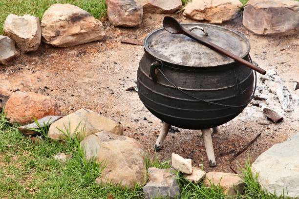 A South African potjiekos food pot which is used to cook a delicious beef and potato stew.