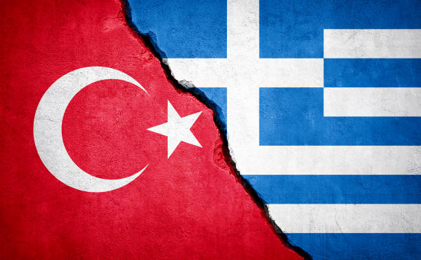 Turkey and Greece conflict. Turkey and Greece conflict. Country flags on broken wall. Illustration. ankara turkey photos stock pictures, royalty-free photos & images