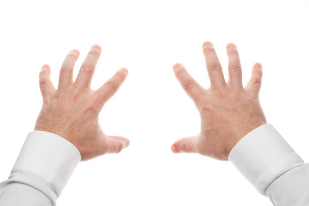 istock Man hands, grab gesture isolated on white background. White shirt, business style. 1200514346