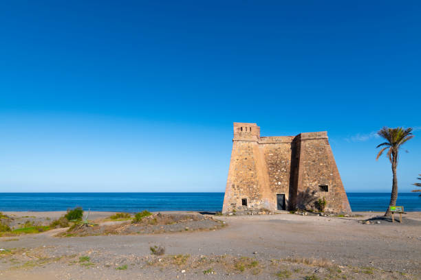 Coastal control construction in Almeria, Spain. Background with sea and blue sky.