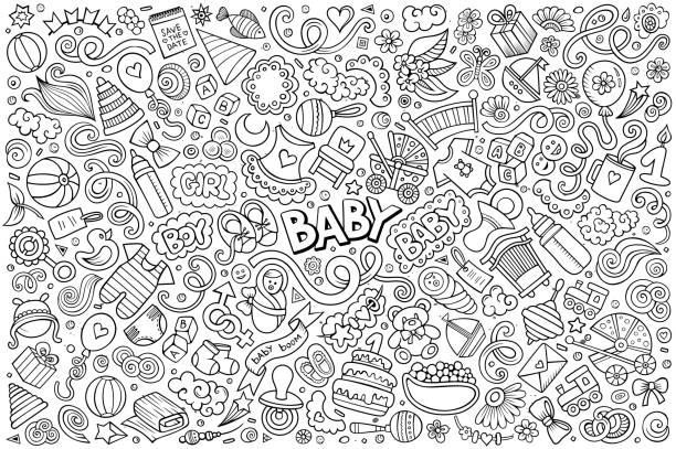 illustrazioni stock, clip art, cartoni animati e icone di tendenza di line art vettore doodle cartone animato set di oggetti e simboli bambino - domestic room child furniture nobody