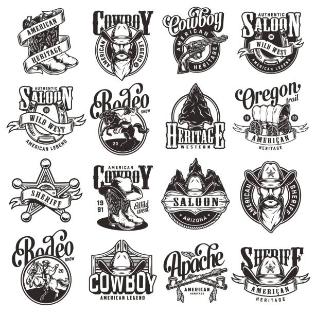 Vintage wild west emblems collection Vintage wild west emblems collection with rodeo and cowboy labels and prints on white background isolated vector illustration rodeo stock illustrations