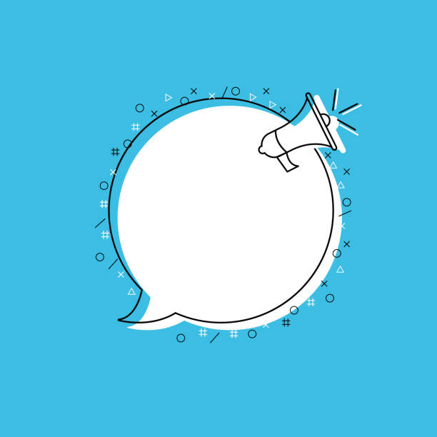 White megaphone with speech bubble. Loudspeaker with circle for text. Banner for business, marketing, text and advertising. Megaphone with Round Paper Speech Bubble. Loudspeaker with circle for text. Banner for business, marketing, text and advertising. Vector illustration. megaphone patterns stock illustrations