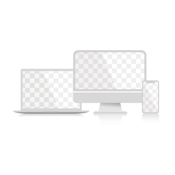 White devices. Computer, smartphone and laptop screen on a white background White devices. Computer, smartphone and laptop with transportent screen and shadow on a white background. Vector illustration raincoat stock illustrations