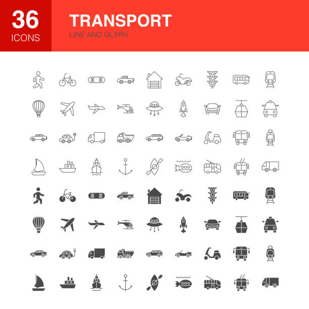 транспортная линия веб-глиф иконки - bicycle pick up truck icon set computer icon stock illustrations