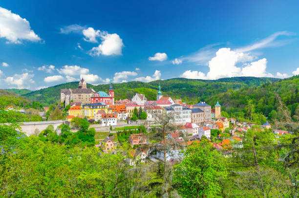 Aerial panoramic view of medieval Loket town with Loket Castle Hrad Loket gothic style on massive rock, colorful buildings, bridge over Eger river, Karlovy Vary Region, West Bohemia, Czech Republic stock photo