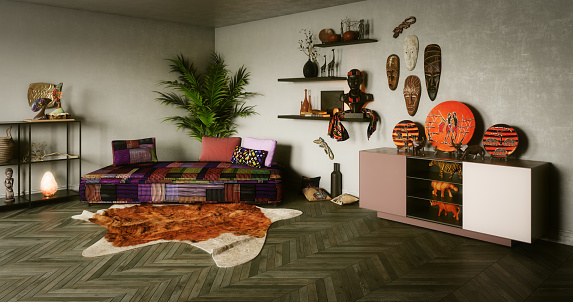 Digitally generated fancy African themed living room interior design.

The scene was rendered with photorealistic shaders and lighting in Autodesk® 3ds Max 2020 with V-Ray Next with some post-production added.