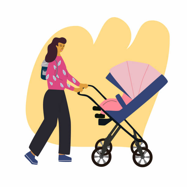 istock Happy woman goes for a walk with baby and stroller. Mother with backpack walking with child. Maternity concept, abstract backgrnd. Flat colorful vector illustration in trendy cartoon style 1200523863
