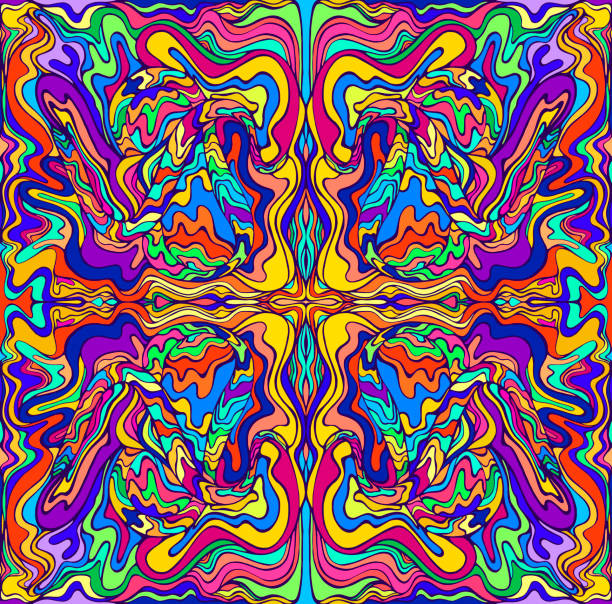 istock Psychedelic colorful surreal doodle fractal. Mirror abstract pattern, maze of wavy ornaments. Vector hand drawn bohemian fantasy illustration. 1200526940