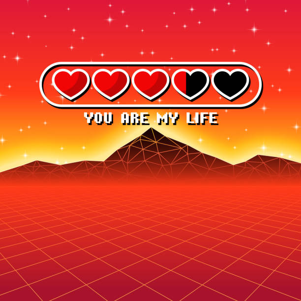 Valentines Day hearts of love themed retro game card with 80s styled neon landscape and life loading status bar Valentines Day hearts of love themed retro game card with 80s styled neon landscape and life status bar disco themed party stock illustrations