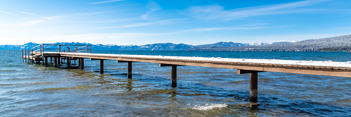 The Lake Tahoe in Nevada and California, panorama of a pontoon for mooring boats in winter