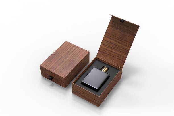 istock Blank perfume bottle in hard box for branding, 3d render illustration. 1200528229