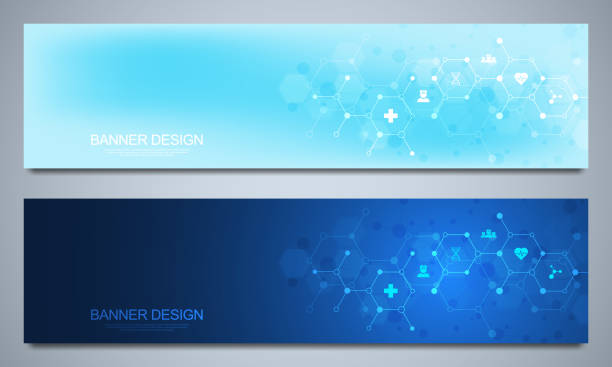 Banners design template for healthcare and medical decoration with flat icons and symbols. Science, medicine and innovation technology concept. Banners design template for healthcare and medical decoration with flat icons and symbols. Science, medicine and innovation technology concept medicine backgrounds stock illustrations
