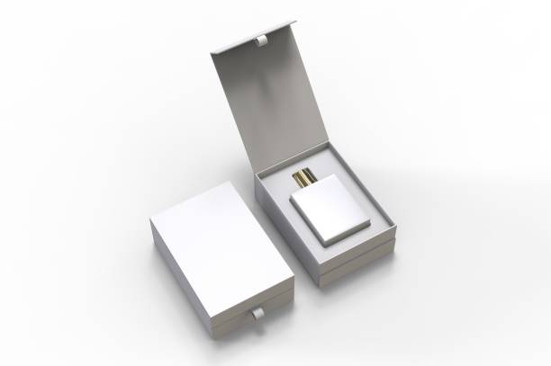 istock Blank perfume bottle in hard box for branding, 3d render illustration. 1200529150