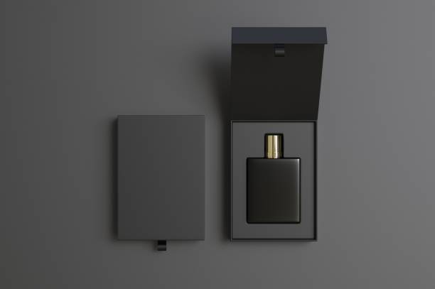 leere parfüm-flasche in hardbox für branding, 3d render-illustration. - golden cap stock-fotos und bilder