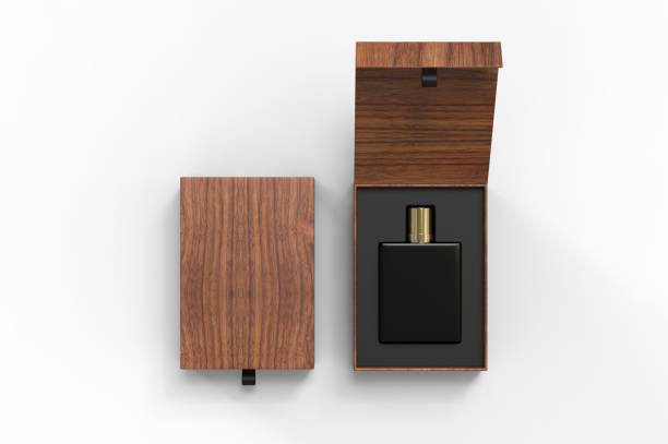 istock Blank perfume bottle in hard box for branding, 3d render illustration. 1200529154