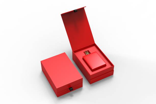 istock Blank perfume bottle in hard box for branding, 3d render illustration. 1200529184