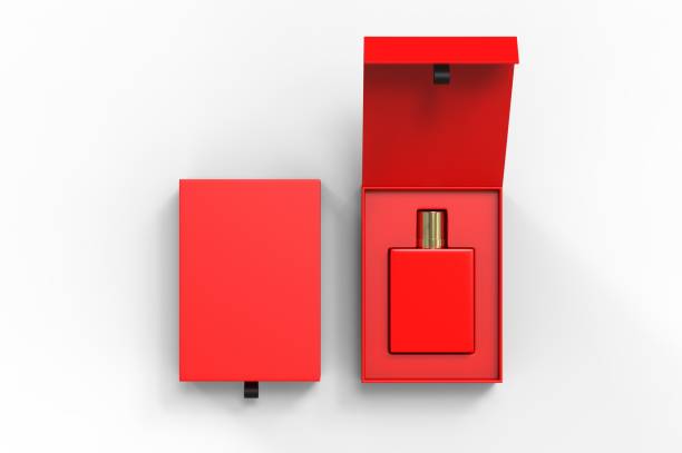 istock Blank perfume bottle in hard box for branding, 3d render illustration. 1200529189