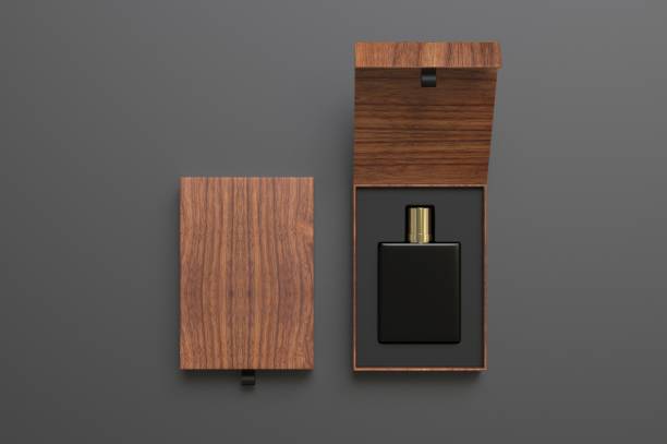 istock Blank perfume bottle in hard box for branding, 3d render illustration. 1200529250