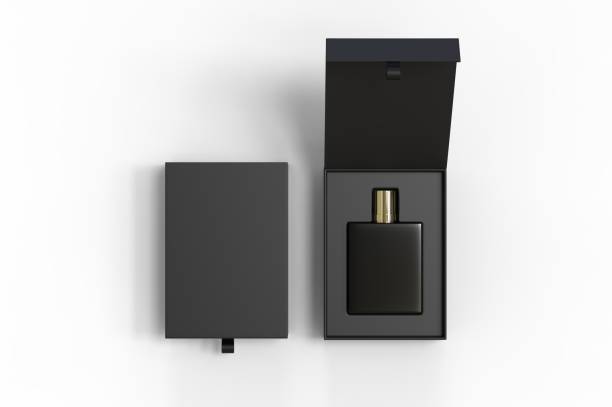 istock Blank perfume bottle in hard box for branding, 3d render illustration. 1200529254