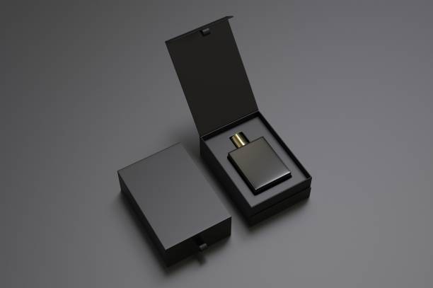 istock Blank perfume bottle in hard box for branding, 3d render illustration. 1200529255