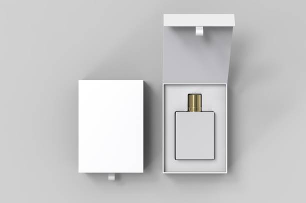 istock Blank perfume bottle in hard box for branding, 3d render illustration. 1200529272