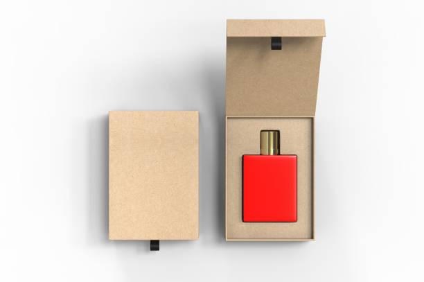 istock Blank perfume bottle in hard box for branding, 3d render illustration. 1200529276