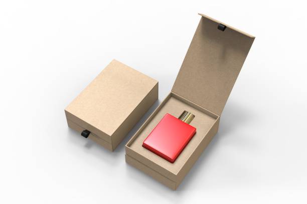 istock Blank perfume bottle in hard box for branding, 3d render illustration. 1200529294