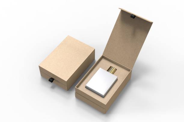 istock Blank perfume bottle in hard box for branding, 3d render illustration. 1200529388