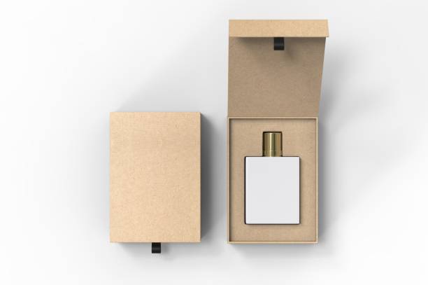 Blank perfume bottle in hard box for branding, 3d render illustration.