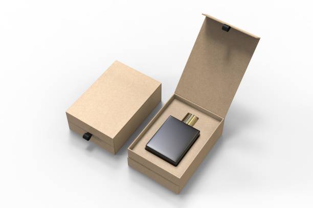 istock Blank perfume bottle in hard box for branding, 3d render illustration. 1200529391