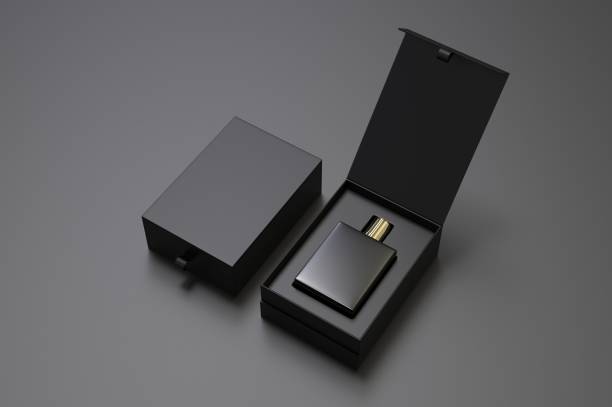 istock Blank perfume bottle in hard box for branding, 3d render illustration. 1200529392