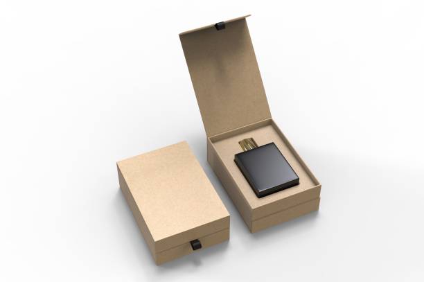 istock Blank perfume bottle in hard box for branding, 3d render illustration. 1200529393