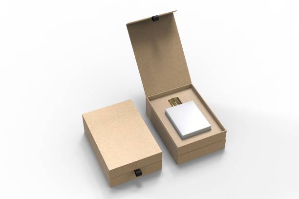 istock Blank perfume bottle in hard box for branding, 3d render illustration. 1200529406