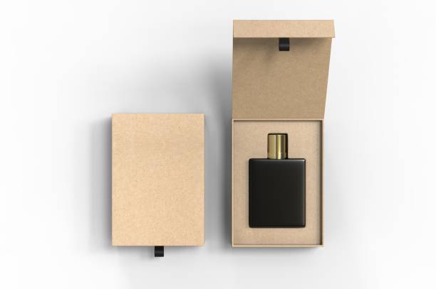 istock Blank perfume bottle in hard box for branding, 3d render illustration. 1200529452