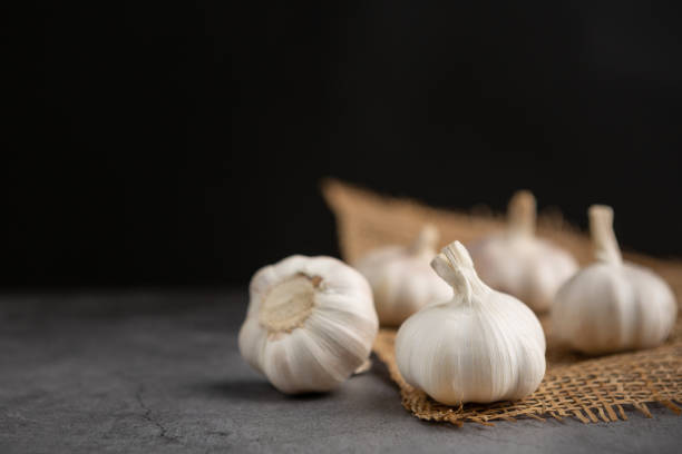 istock Garlic on the black cement floor. 1200531336