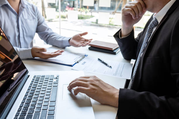 istock Business interview consider and asking candidate questions a resume conversation during about profile of candidate, conducting a job interview listen to answers to thought 1200531380