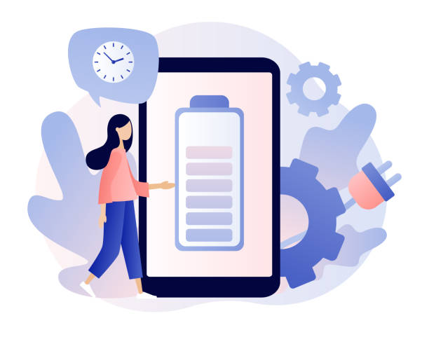 Battery charge. Tiny Users, battery performance and long life battery. Metaphor of productivity. Modern flat cartoon style. Vector illustration on white background Battery charge. Tiny Users, battery performance and long life battery. Metaphor of productivity. Modern flat cartoon style. Vector illustration cartoon of the mobile phone charger stock illustrations