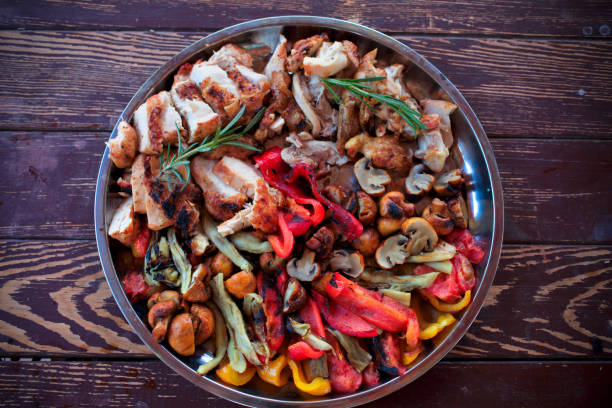 istock Round tray with baked vegetables and chicken meat 1200533495