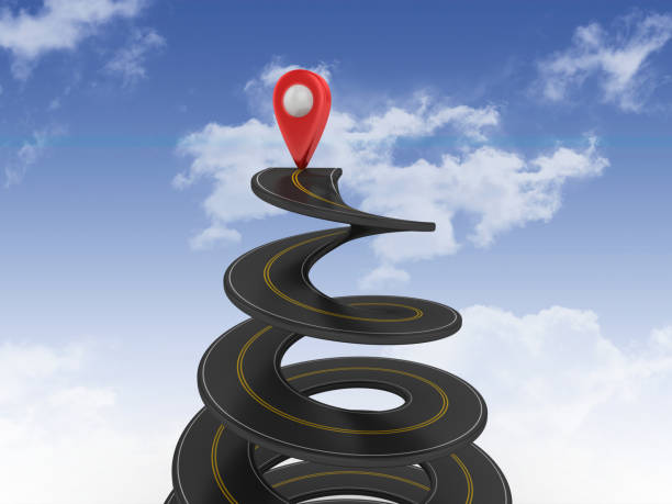 istock Spiral Road with GPS Marker on Sky - 3D Rendering 1200535828