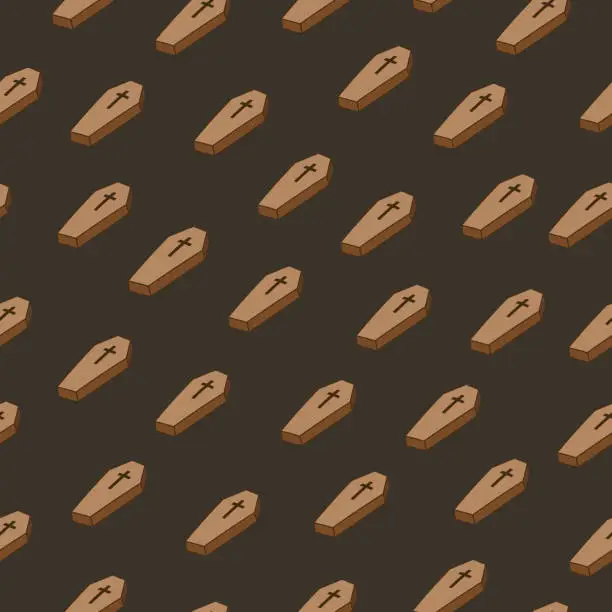 Vector illustration of Seamless repeat coffin pattern isolated on a dark brown background