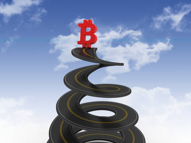 istock Spiral Road with Bitcoin Symbol on Sky - 3D Rendering 1200536711