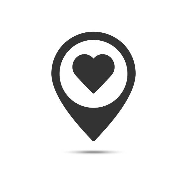 wskaźnik mapy z ikoną serca, walentynkową lokalizacją i pinem miłości, koncepcją miłości, grafiką wektorową, wypełnionym wzorem na białym tle - brooch stock illustrations