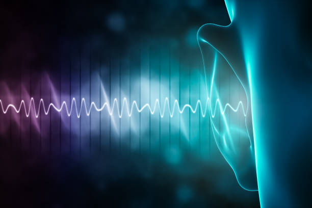 soundwave and equalizer bars with human ear. 3d rendering illustration with copy space. Sense of hearing, sound and music graphic concepts. stock photo