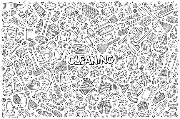 Line art vector doodle cartoon set of Cleaning objects and symbols Line art vector hand drawn doodle cartoon set of Cleaning theme items, objects and symbols cleaning drawings stock illustrations