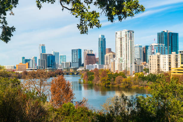 istock Austin Texas fall colors at Travis heights overlook Skyline 1200537275
