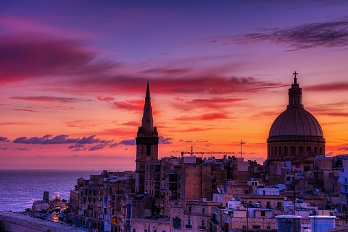 Dawn view of the Carmelite church Our Lady of Mount Carmel in Valletta, Malta.