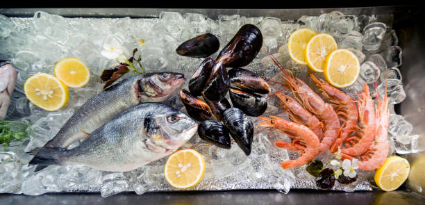 istock Frozen see food on ice. Shrimps, fish and seashells. 1200538229