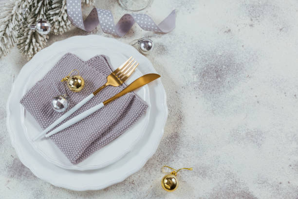 istock Christmas creative composition with cutlery, Christmas gift, fir branches, decoration 1200538334