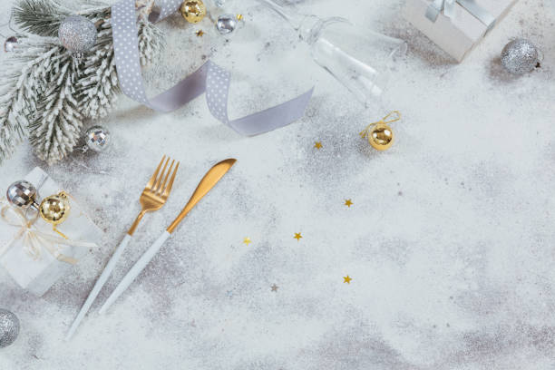 istock Christmas creative composition with cutlery, Christmas gift, fir branches, decoration 1200538369